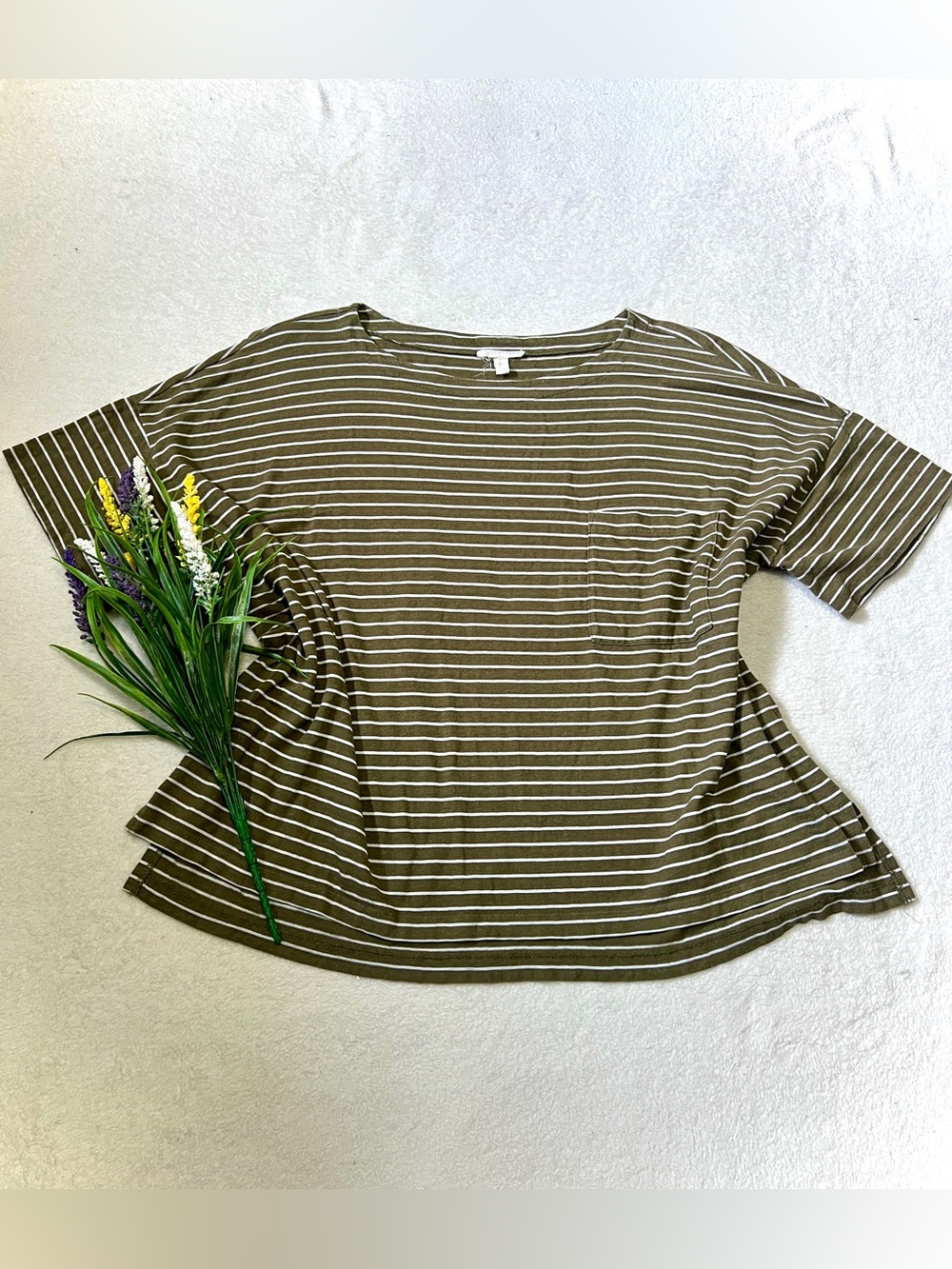 Eileen Fisher Olive Striped Hemp Organic Cotton Top - XL
